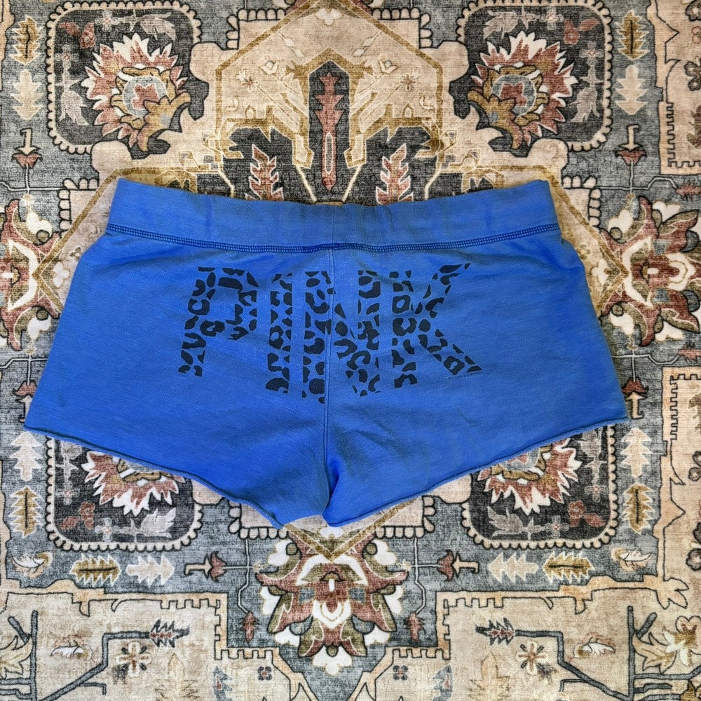Y2K Victoria's Secret PINK Blue Leopard Print Logo Lounge Shorts Medium Low Rise